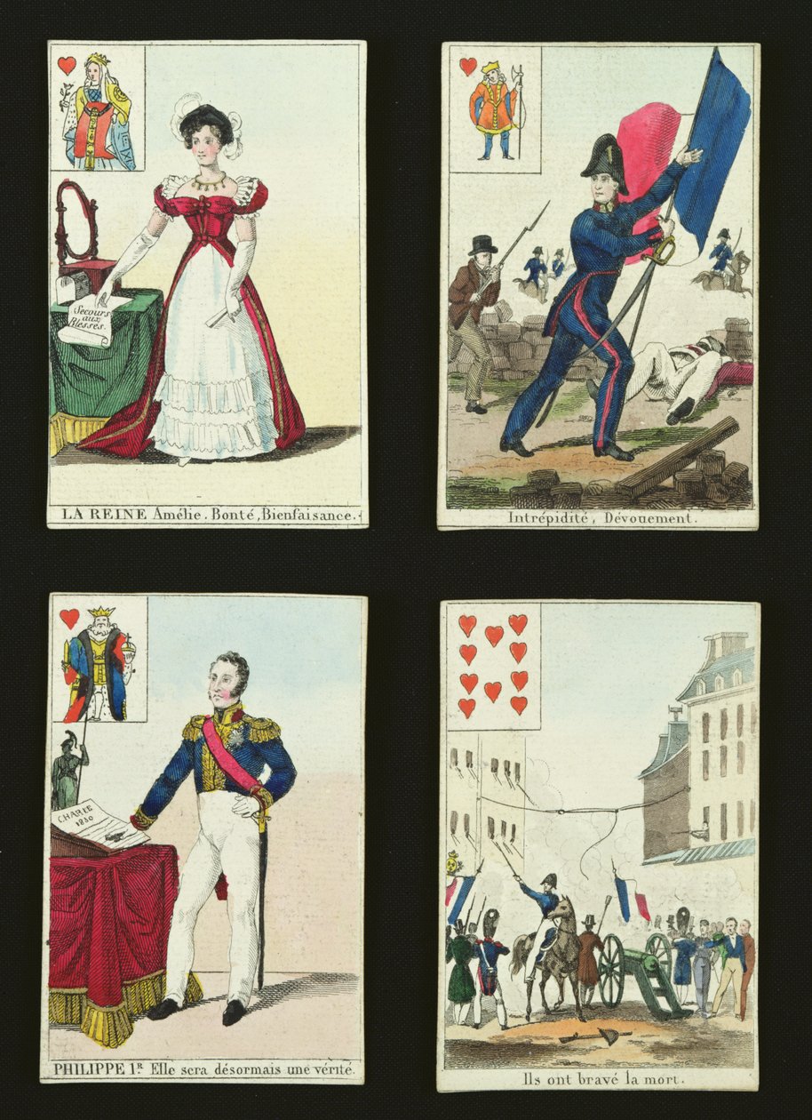 Quatro cartas de baralho comemorando os heróis de julho de 1830, 1831 de French School