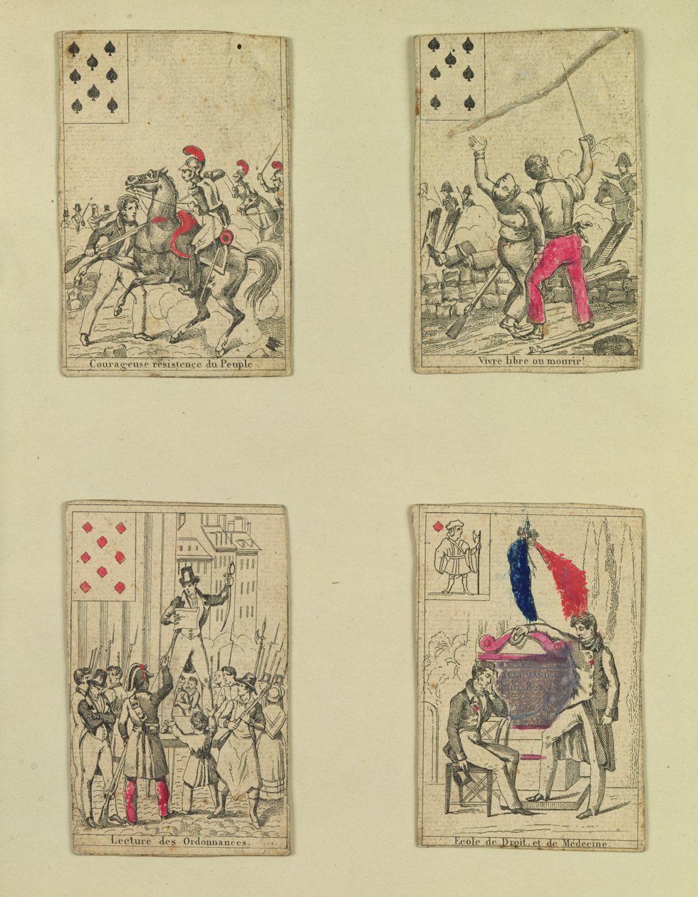 Quatro cartas de baralho comemorando os heróis de julho de 1830, 1831 de French School