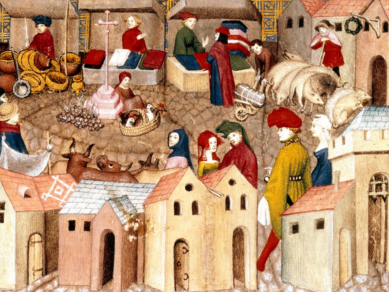 Fr 12559 fol.167 O mercado, iluminação de Le Chevalier errante por Thomas III de Saluces, Paris, c.1400-05 de French School