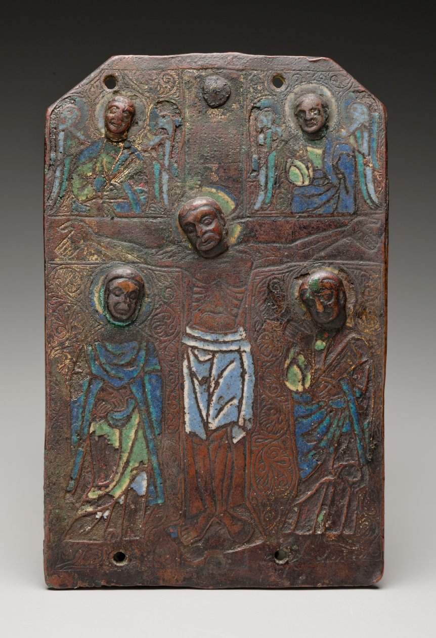Fragmento de uma placa de um chasse relicário representando a crucificação, 11751200 (esmalte champleve em cobre com traços de dourado) de French School