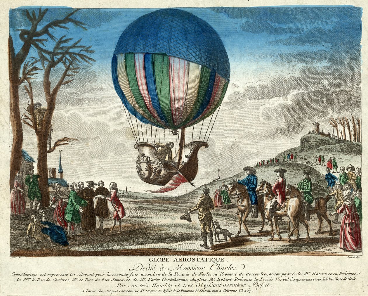 Globo Aerostático, Dedicado a Monsieur Charles, pub. 1783 (gravura colorida à mão) de French School