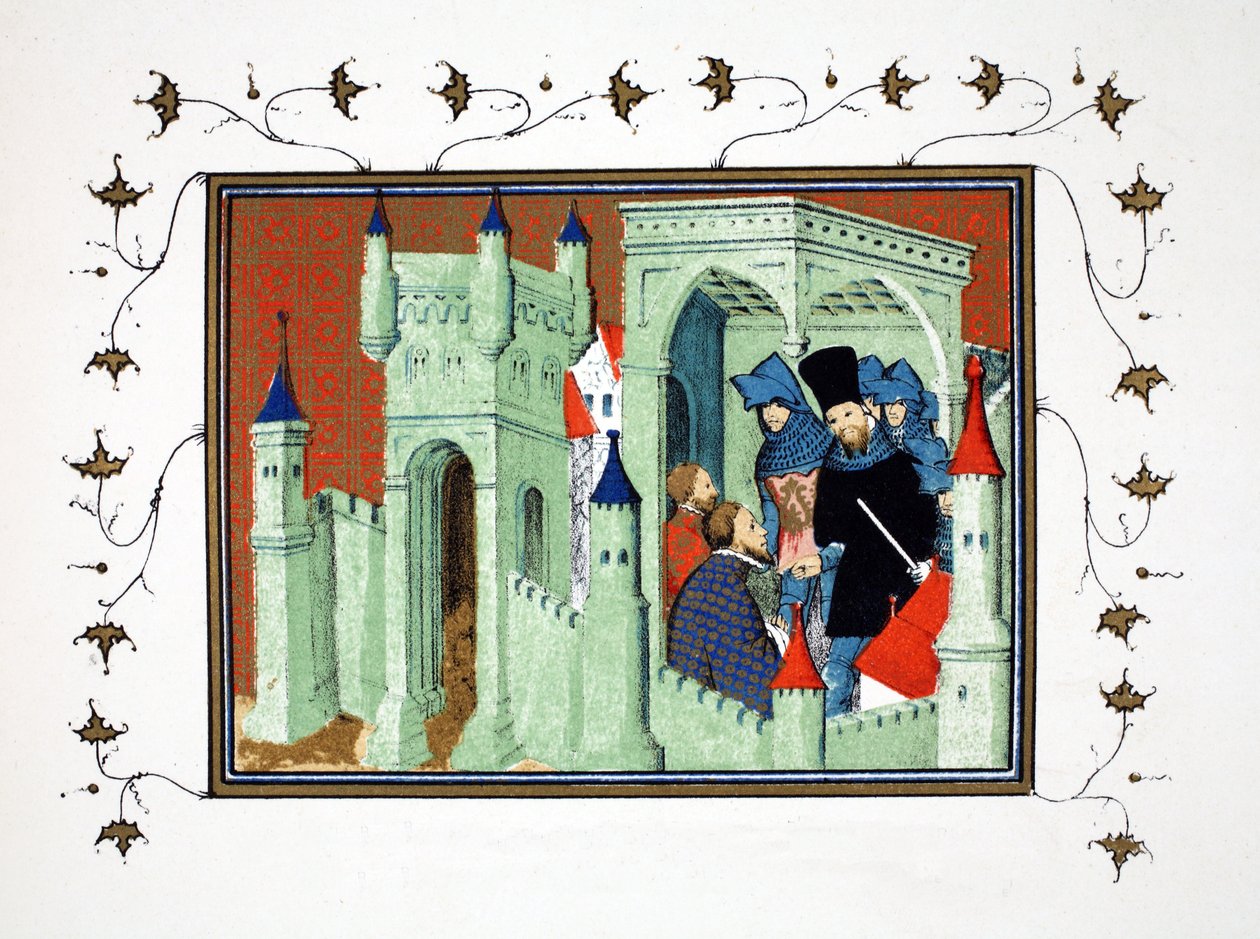 Interior do Castelo de Chester, quando os duques de Exeter e Surrey entregam a mensagem dos reis ao duque de Lancaster, cópia fac-símile de Le Prinse et Mort du Roy Richart por Jean Creton, reimpresso 19o C de French School