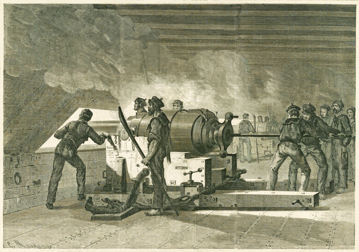 Dentro da Merrimac Battery, durante a luta com o Monitor, publicada em 1862-1865 (gravura em madeira) de French School