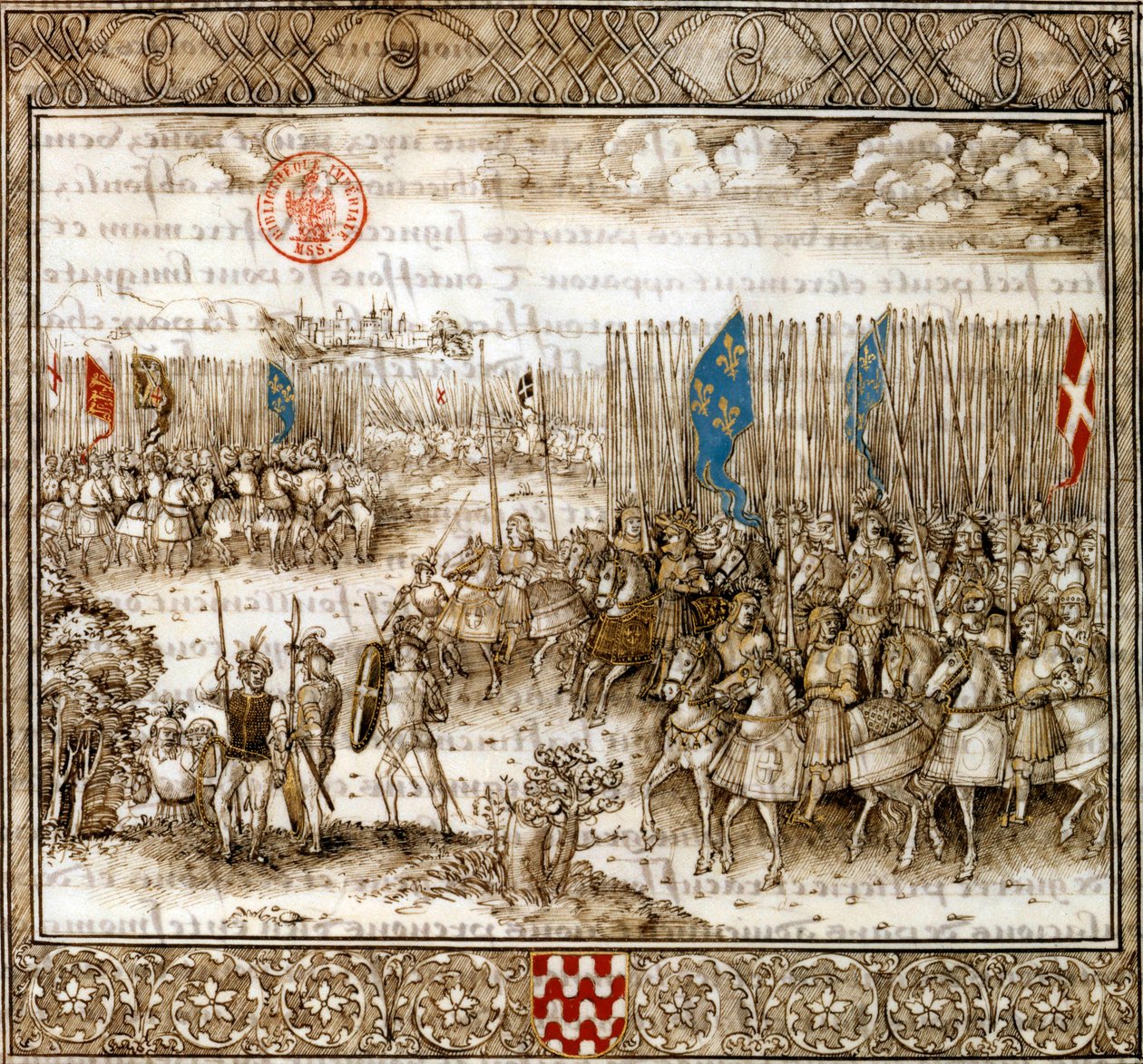 Joana d&39;Arc e o exército francês em guerra, ilustração de Chronique de Enguerrand de Monstrelet de French School