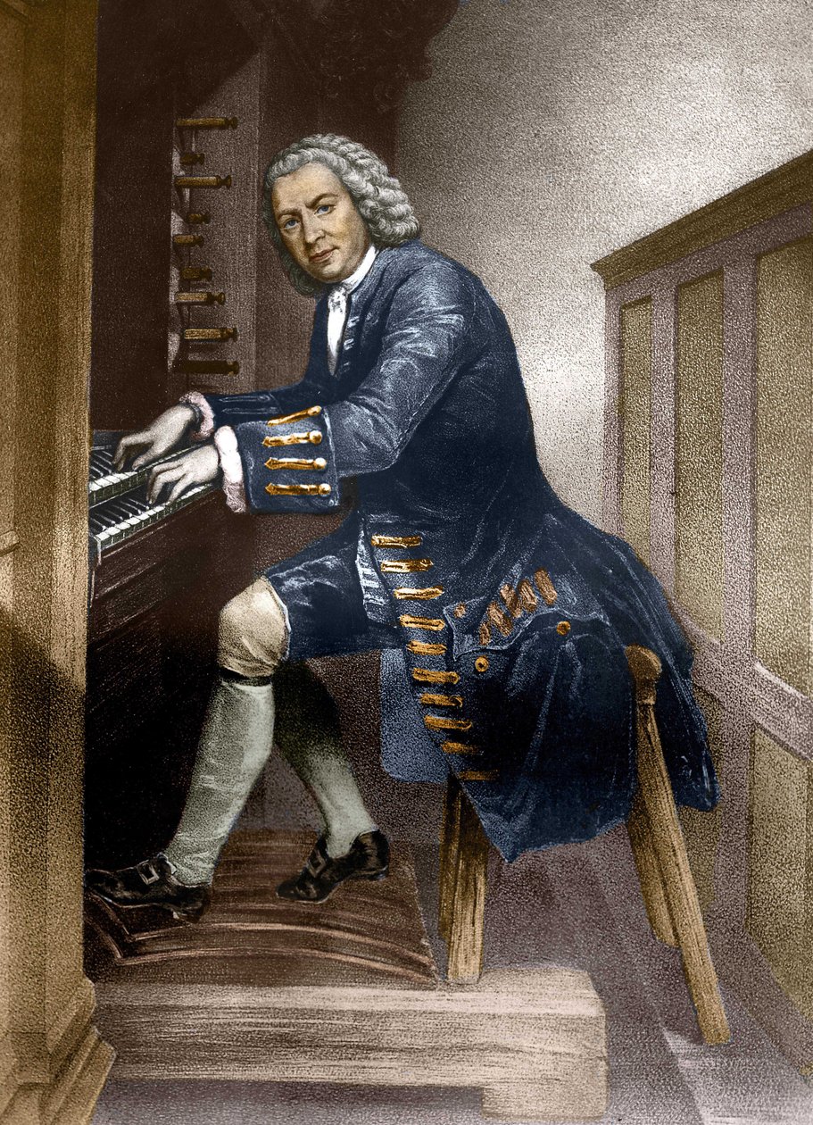 Johann Sebastian Bach tocando o órgão, c.1881 de French School