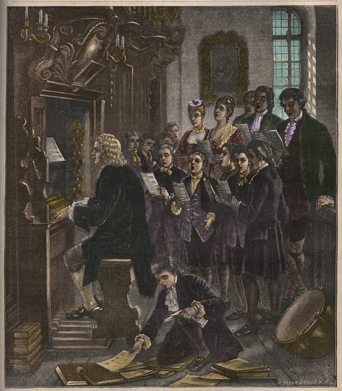 Johann Sebastian Bach tocando o órgão na St Thomas School, Leipzig, ilustração de La musique populaire, 1882 de French School