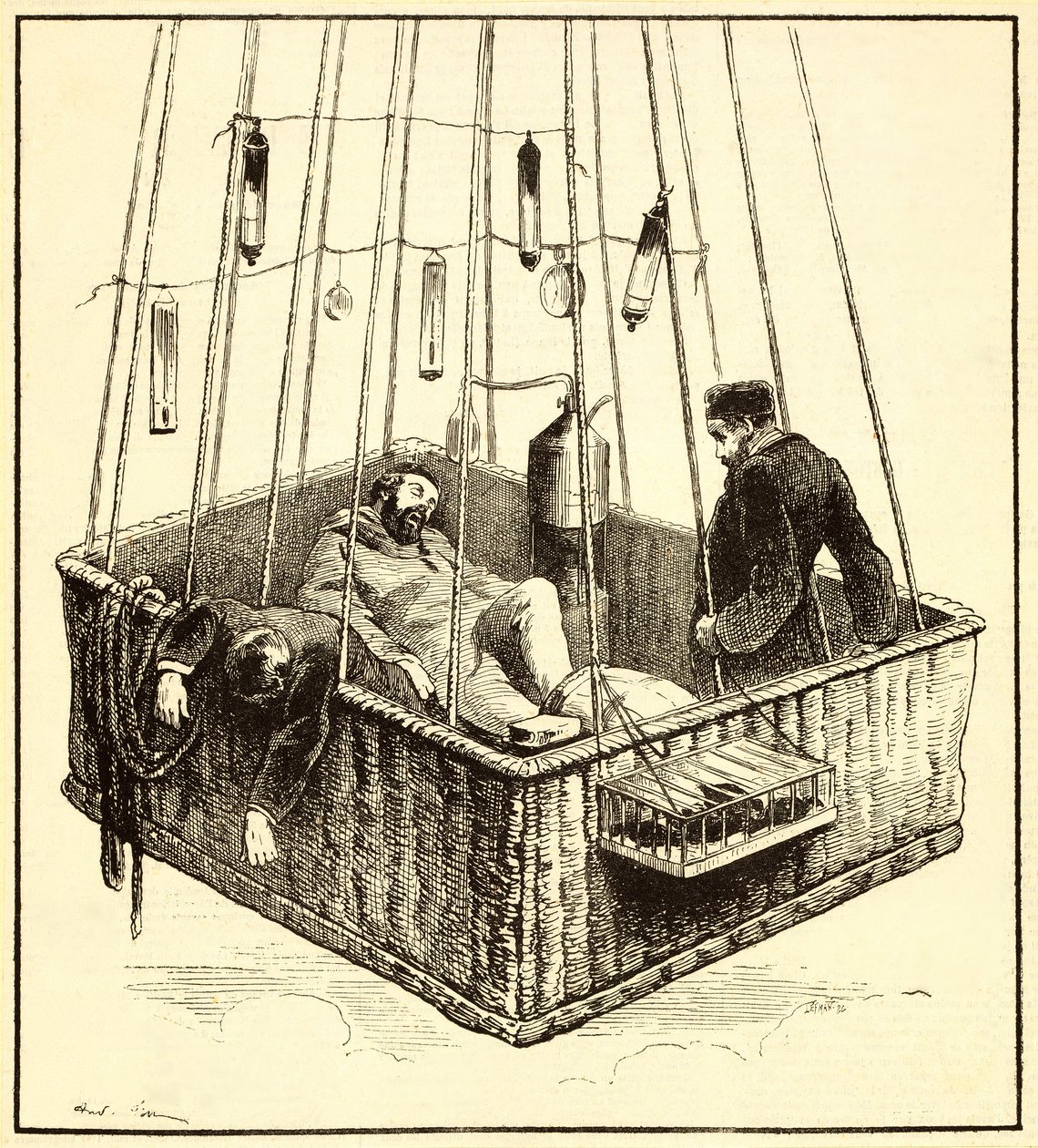 Joseph Crocé-Spinelli, Henri Sivel e Gaston Tissandier na cesta do balão, Zénith, depois de perder a consciência devido à falta de oxigênio depois de atingir uma altitude de quase 28.000 pés, perto de P de French School