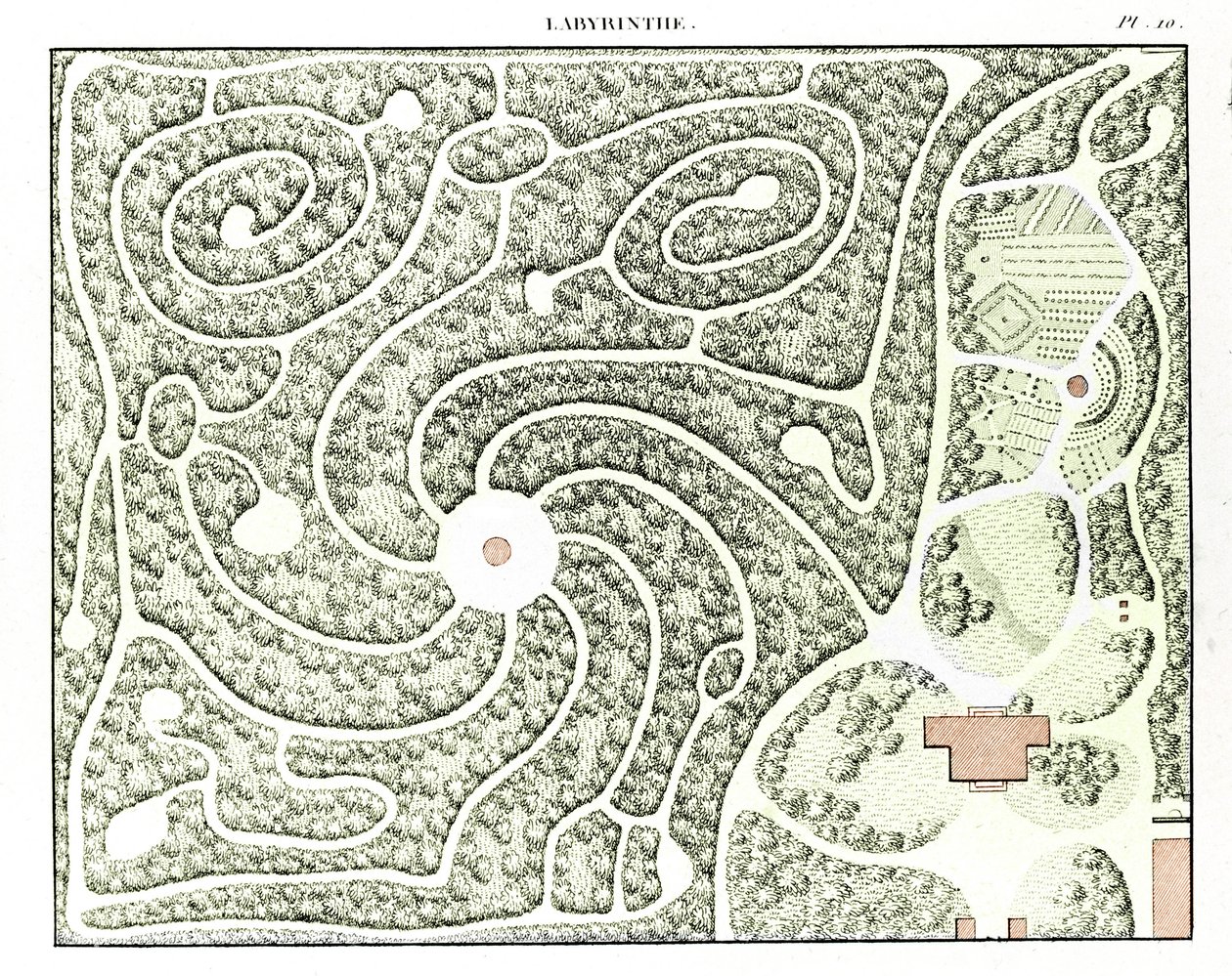 Projeto Labirinto de Ensaio sobre a composição e ornamentos de jardins de M. Boitard, Paris 1823 (gravura colorida à mão) de French School