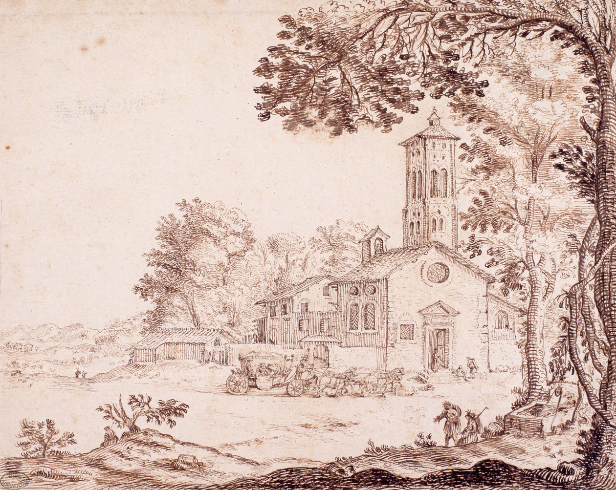 Paisagem, igreja e treinador de French School