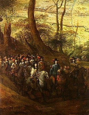 Luís II (1621-1686) de Bourbon, duque de Enghien, entre os Cavaliers que cercam uma cidade, c.1647 de French School
