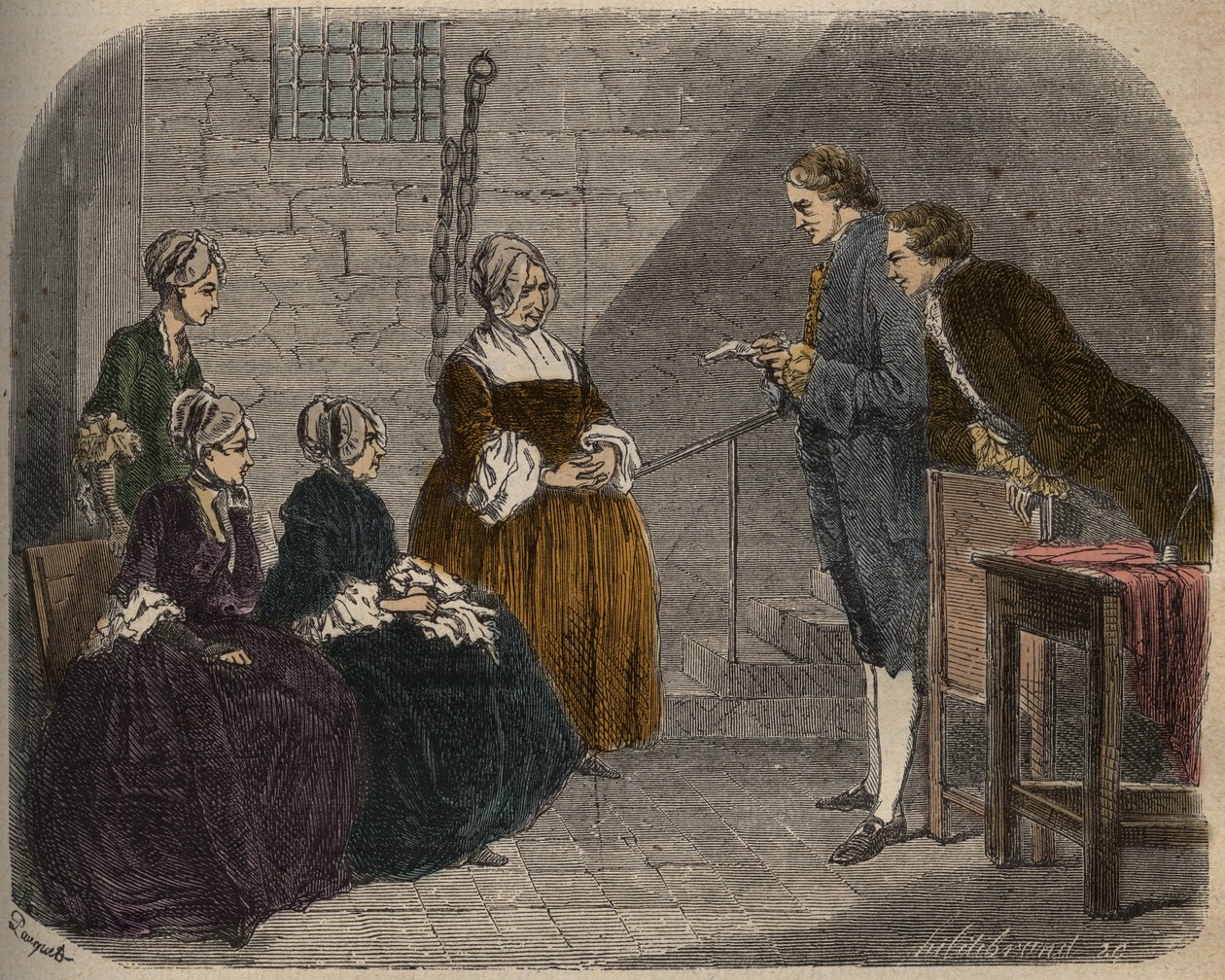 Madame Calas, com suas duas filhas, ouve o veredicto do julgamento de seu marido, Jean, ilustração de Causes celebres de tous les peuples, de Armand Fouquier, 1858-1867. de French School
