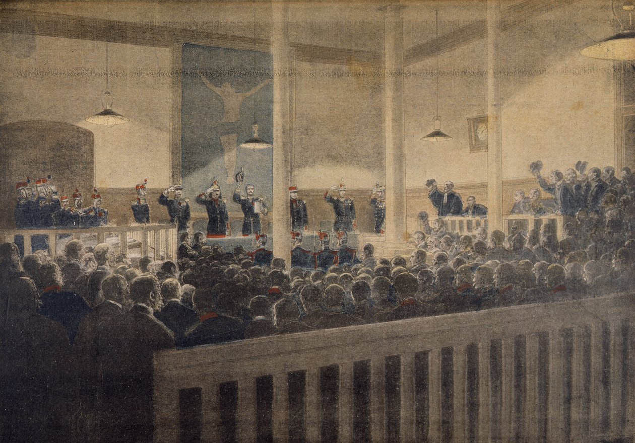 Major Esterhazy de corte marcial, lendo a decisão, ilustração do suplemento ilustrado do Le Petit Journal, 23 de janeiro de 1898 de French School