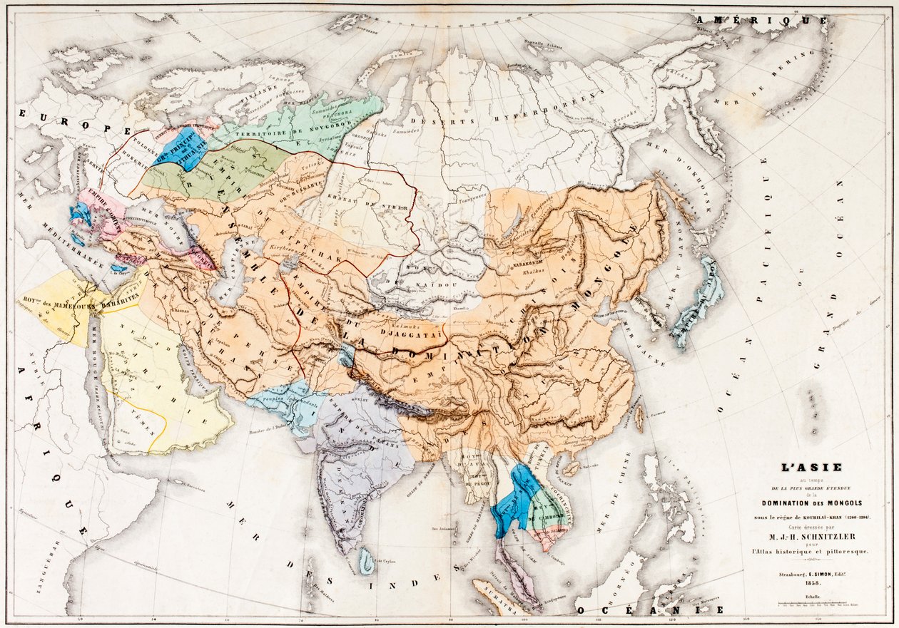 Mapa da Ásia na época da maior extensão da dominação dos mongóis no reinado de Kublai Khan, da LHistoire Universelle Ancienne et Moderne, publicado em Estrasburgo c.1860 (colorido en de French School