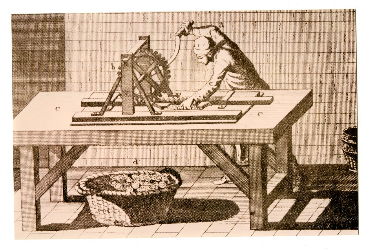 Marcando a borda de moedas com uma máquina de marcação de borda de barra paralela, da Encyclopédie por Denis Diderot e Jean le Rond dAlembert, 1771 de French School