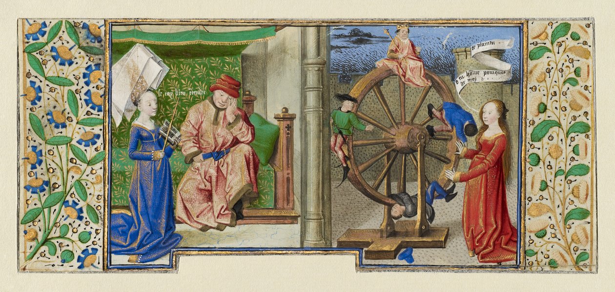 Miniatura de Boethius, Consolation de philosophie, c.1460-70 (têmpera, folha de ouro e tinta no pergaminho) de French School