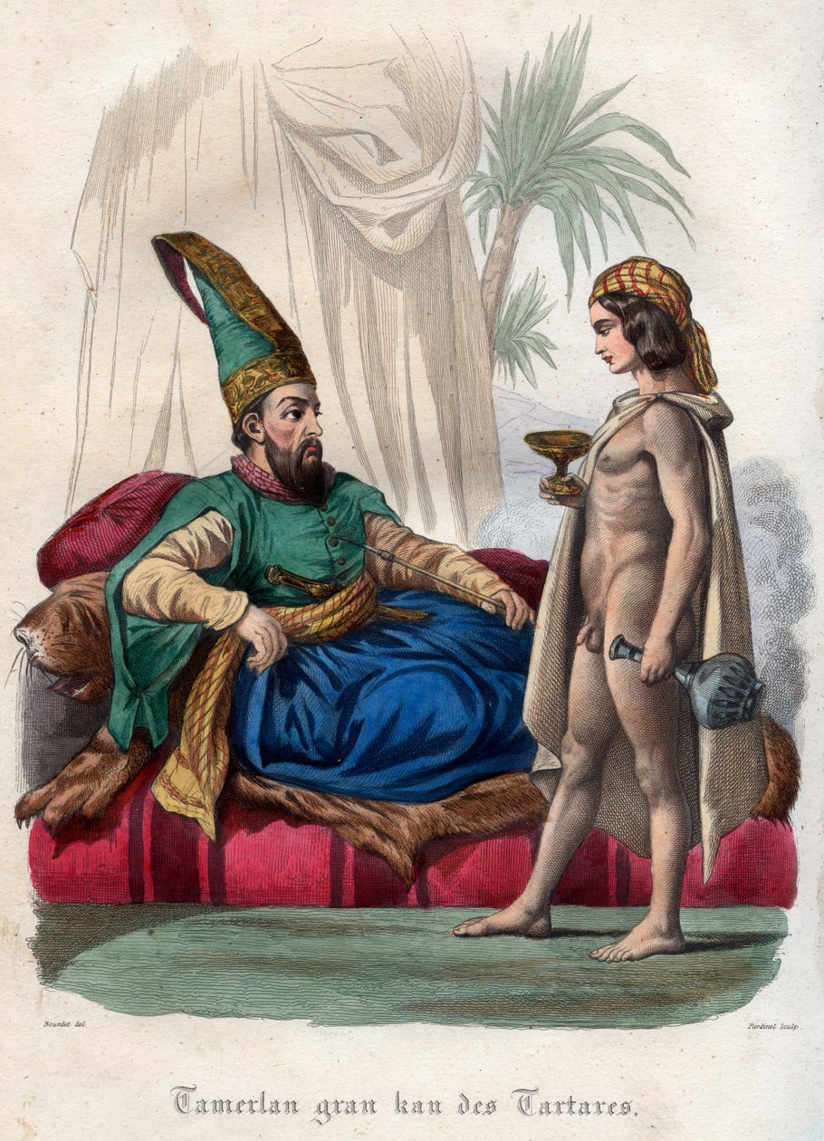 Monarca mongol Timur (Tamerlane) (1336-1405) e um jovem nu de French School