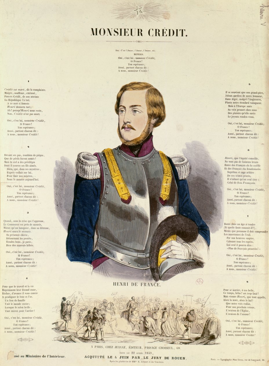 Sr. Credit, propaganda do monarquista francês elogiando Henri Charles Ferdinand Marie Dieudonne da França, duque de Bordeaux, conde de Chambord de French School