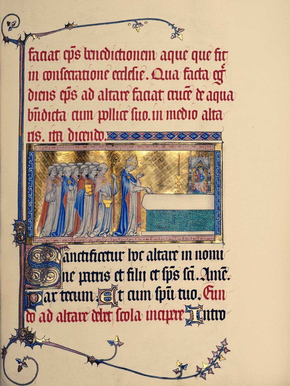 298 f.30r Dedicação de uma Igreja, do Pontifício Metz, c.1302-16 (folha de ouro e têmpera sobre pergaminho) de French School