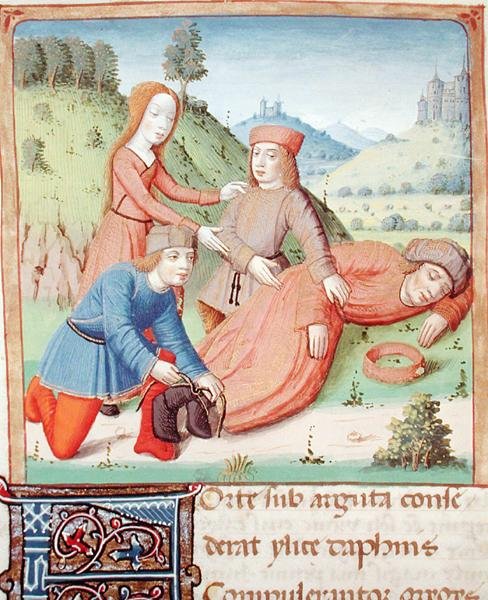 Ms 493 f.12v O sono Silenus é amarrado pelos pastores e Aegle, de The Eclogues por Virgil com um comentário de Servius, 1469 de French School