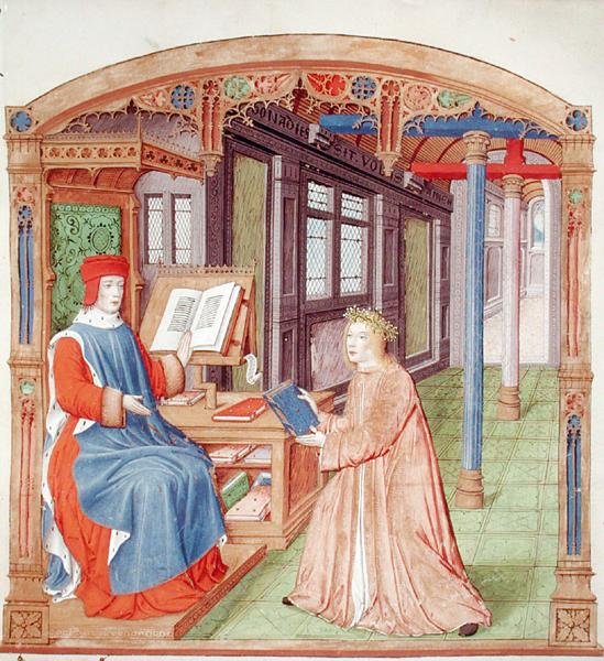 Ms 493 fol.19 Virgil (70-19BC) oferecendo seu livro para Maecenas, de The Eclogues por Virgil com um comentário de Servius, 1469 de French School