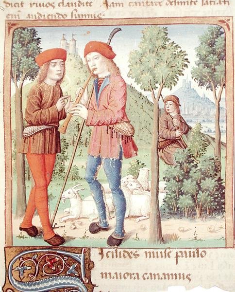 Ms 493 fol.8r Um Encontro entre Pastores, de Les Bucoliques por Virgil com comentários de Servius, 1469 de French School