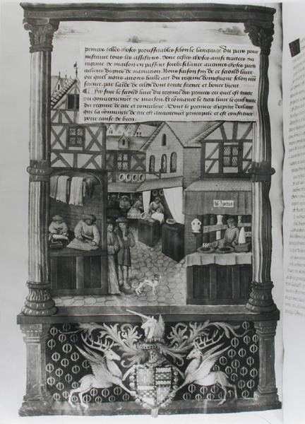 Ms 5062 fol.149v Uma rua com lojas e o brasão de armas de Robert Stuart, Marechal dAubigny Lucrece, de Livre de Gouvernement des Princes por Gilles de Rome de French School