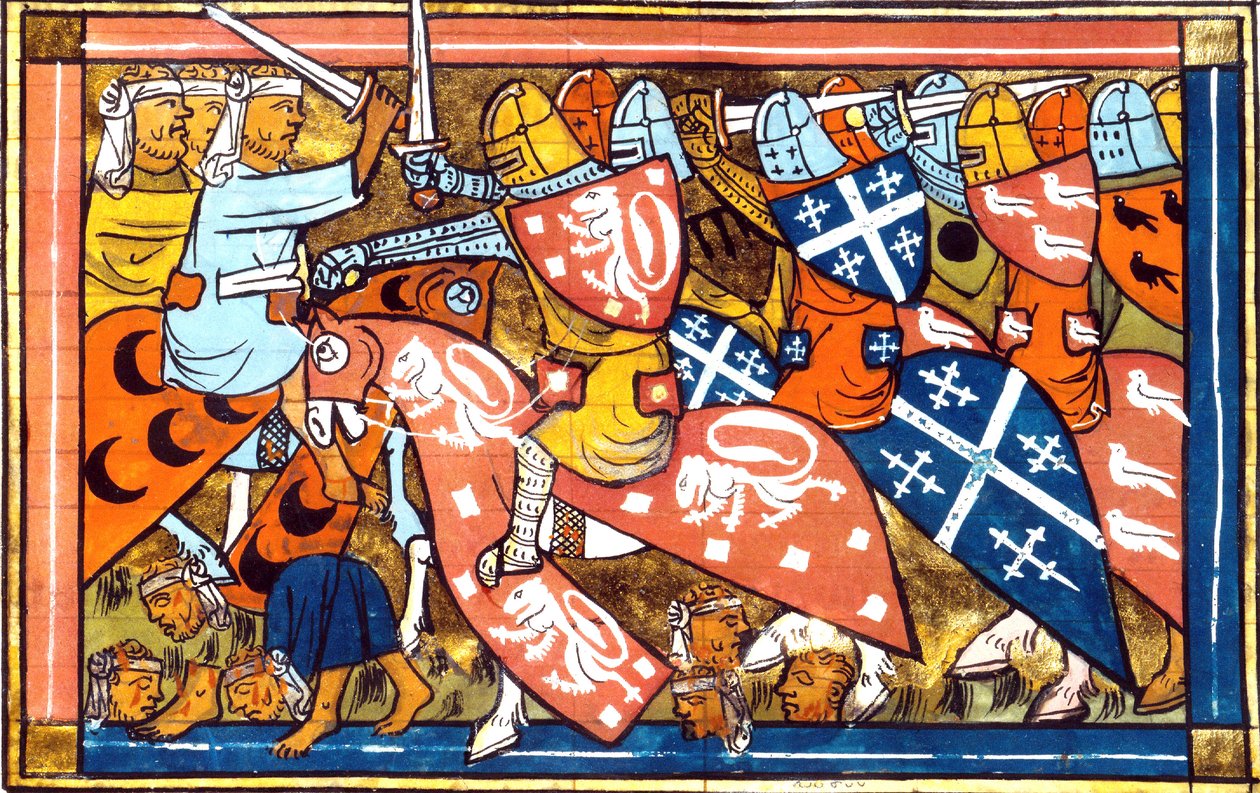 FR 22495 f.265v Batalha de Damietta no Egito em 1218-1219, durante a quinta cruzada (1217-1221) de Historia de Guillaume de Tyr, 1337 de French School
