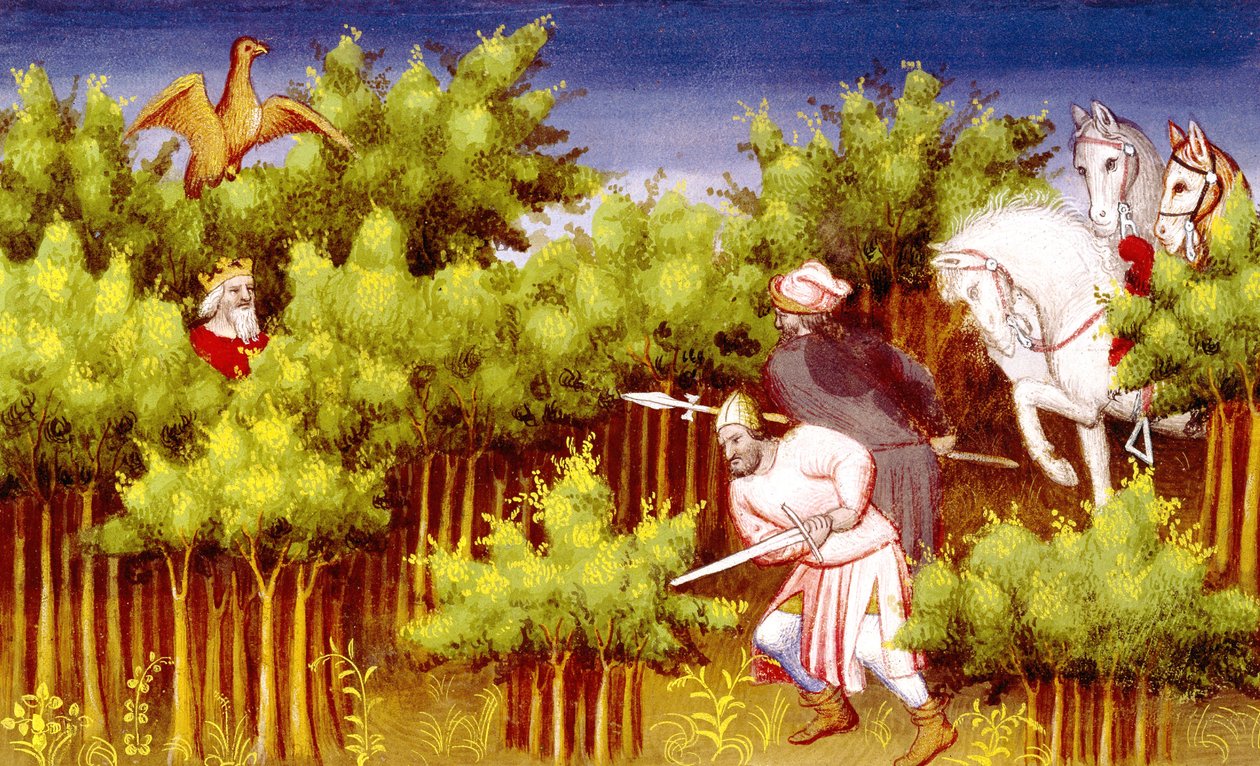Fr. 2810 f.200v, Genghis Khan escapa de seus inimigos, escondendo-se nos arbustos, de Livre des Merveilles du Monde, c.1410-12 (tempera sobre velino) de French School
