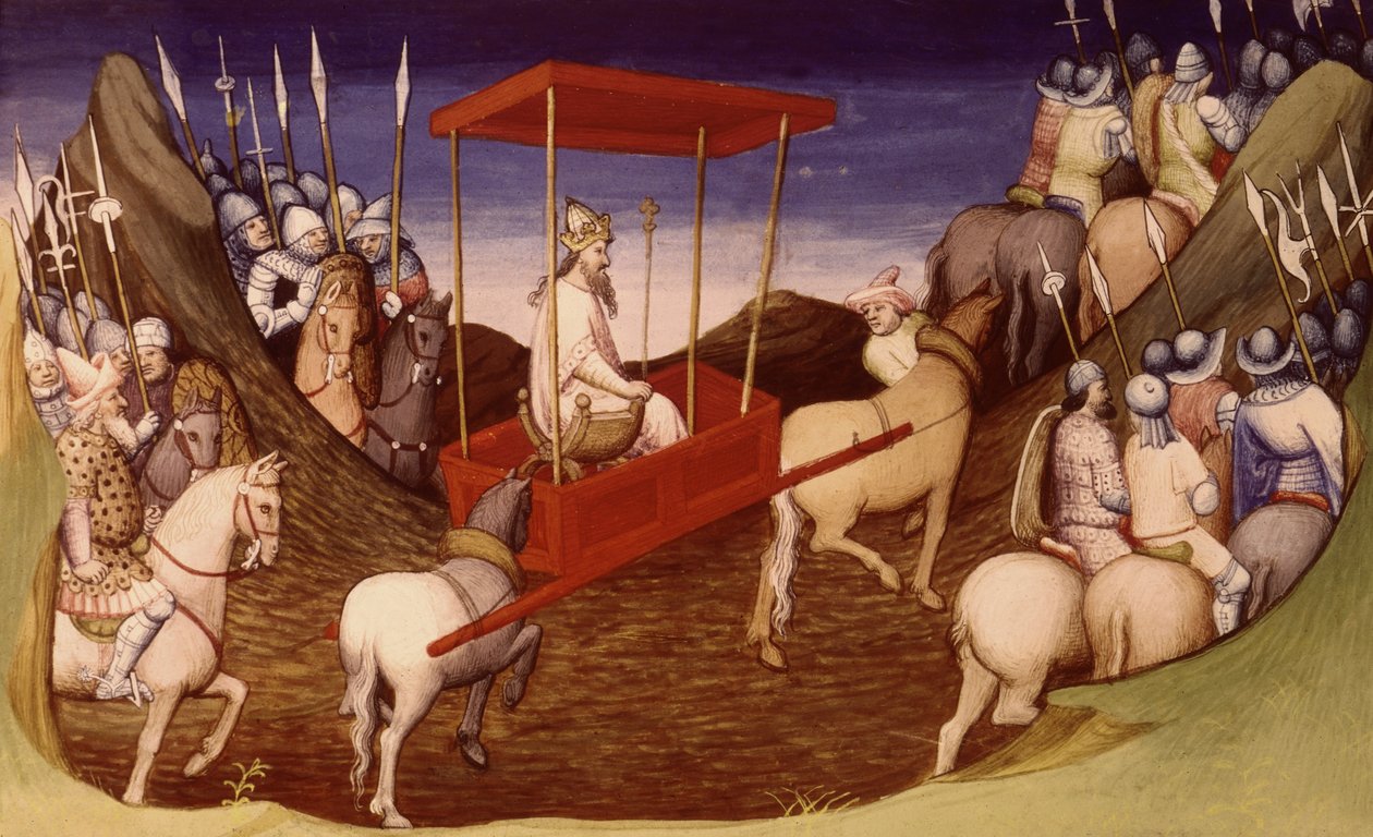 Sra. Fr 2810 f.204, O Grande Khan chegando com sua escolta, das Maravilhas do Mundo, c.1410-12 (tempera sobre velino) de French School