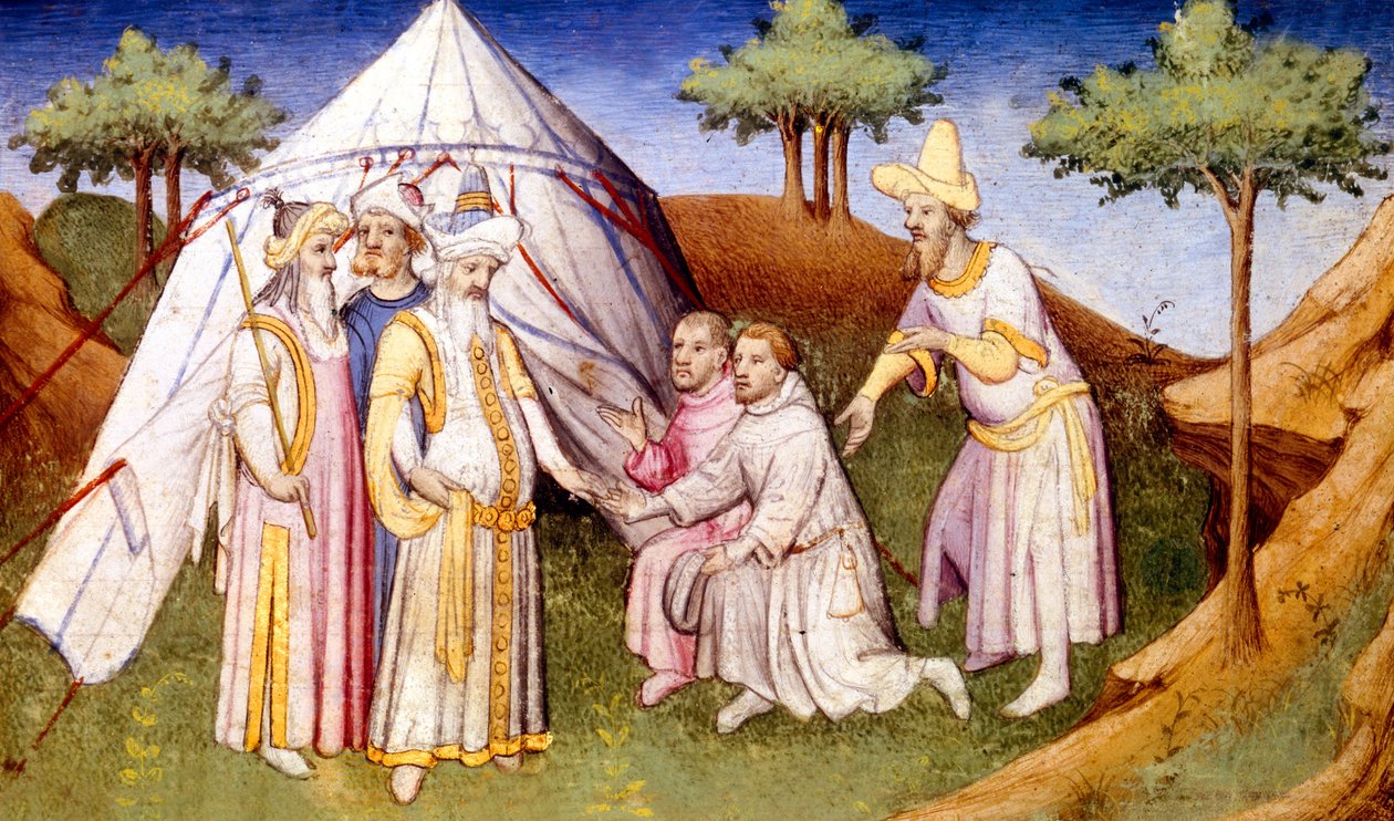 Pe. 2810 f.2v, Kublai Khan saudada pelos irmãos Polo, da Wonderland Books, c.1410-12 (tempera à velino) de French School