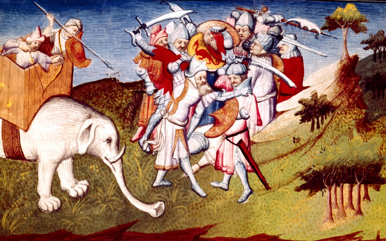 Sra. Fr 2810 f.33, Marco Polo na batalha entre Genghis Khan e seu tio Nouern, ilustração de Livre des Merveilles du Monde, c.1410-12 (tempera sobre velino) de French School