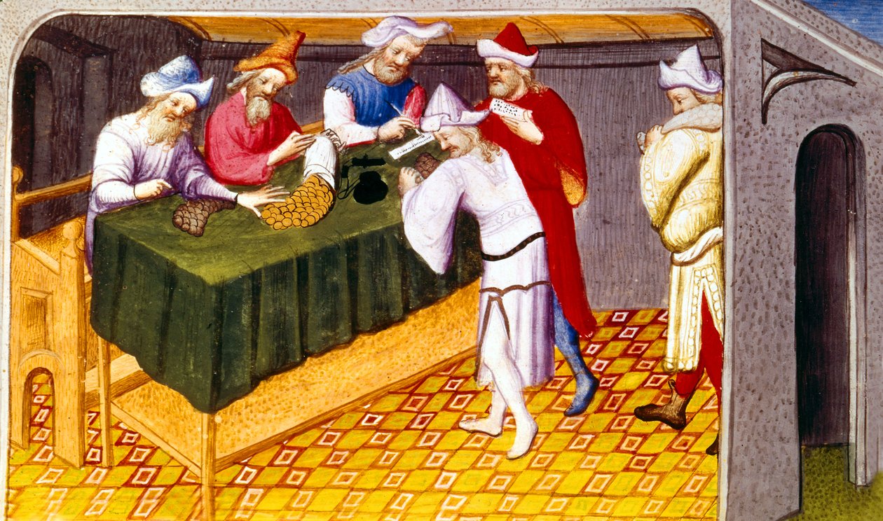 Sra. Fr 2810 f.69, Imposto levantado por Genghis Khan sobre sal, açúcar e especiarias na cidade de Quinsay, de Livre des Merveilles du Monde, c.1410-12 (tempera sobre velino) de French School