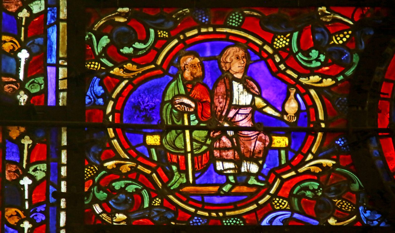 Espectadores, um segurando um frasco, cena da vida de St. Martin, Catedral de Chartres de French School