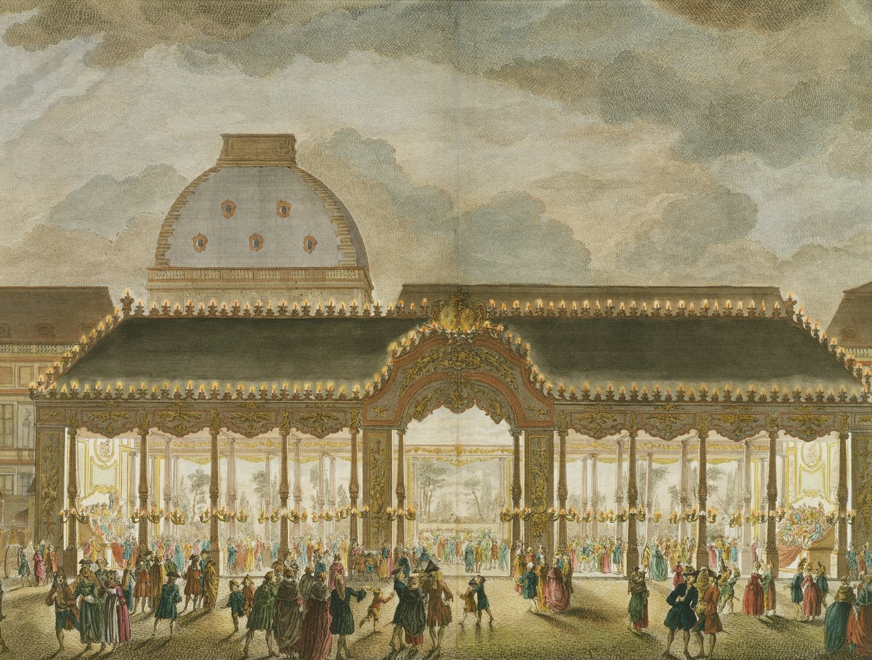 Vista em perspectiva da sala de carrossel, construída para a ocasião do casamento de Monsenhor Le Dauphin (detalhe de 174858), gravada por Oubrier (gravura de cor) de French School