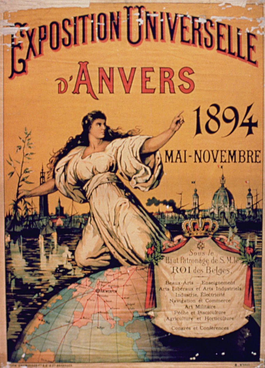 Cartaz para a Exposição Universal de Antuérpia, maio-novembro de 1894 de French School