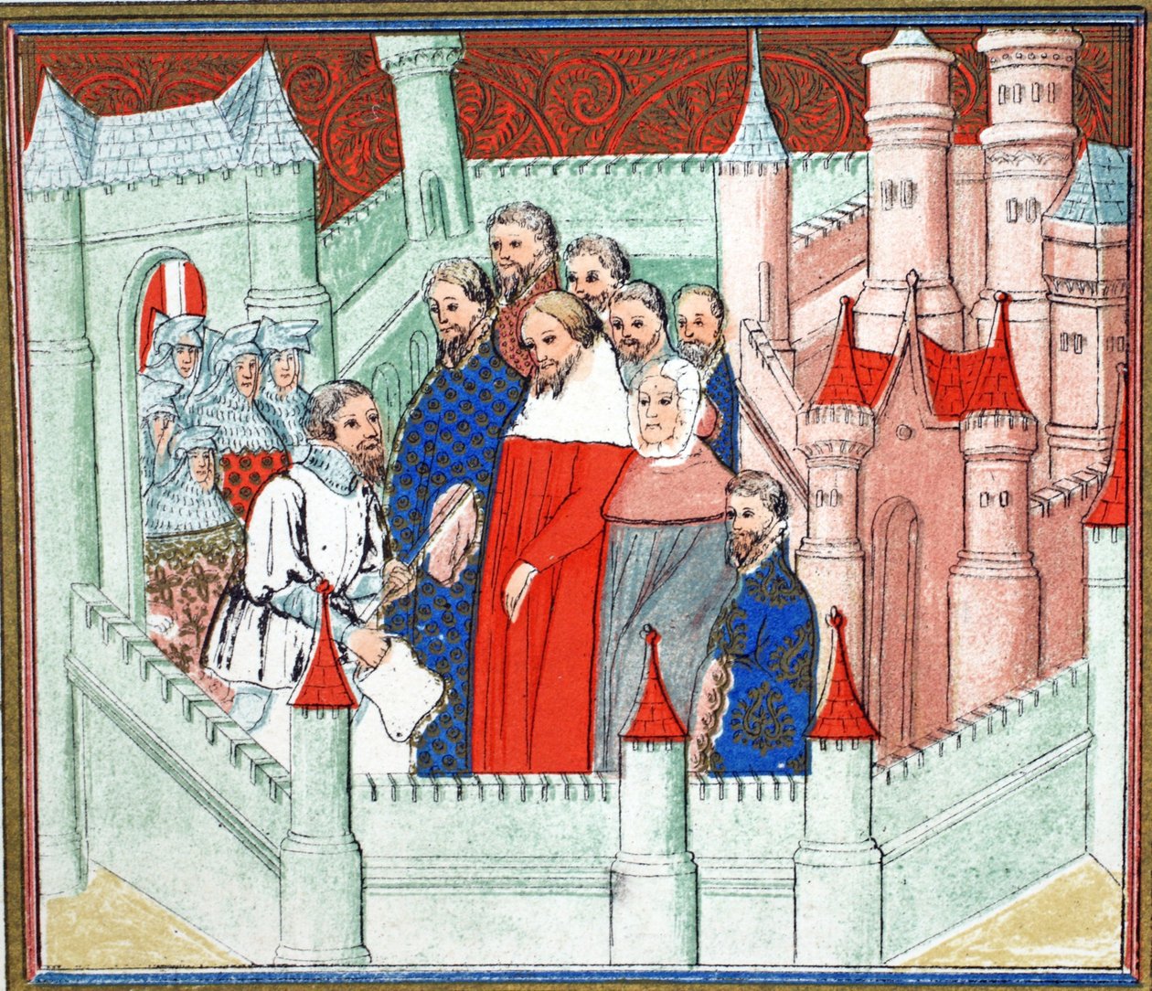 Richard II em Flint Castle, onde foi entregue prisioneiro para Bolingbroke, seu rival para o trono, cópia fac-símile de Le Prinse et Mort du Roy Richart por Jean Creton, reimpresso do século 19 (cor de French School