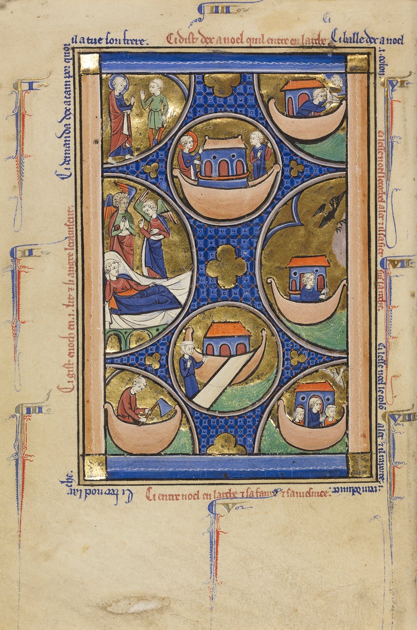 Cenas da Vida de Noé, c.1250-60 (têmpera, folha de ouro e tinta em pergaminho) de French School