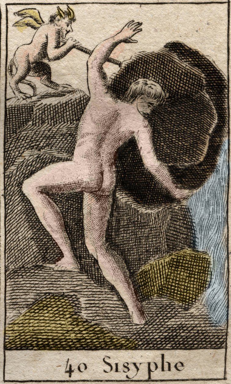 Sísifo, ilustração da mitologia da juventude, 1803 de French School