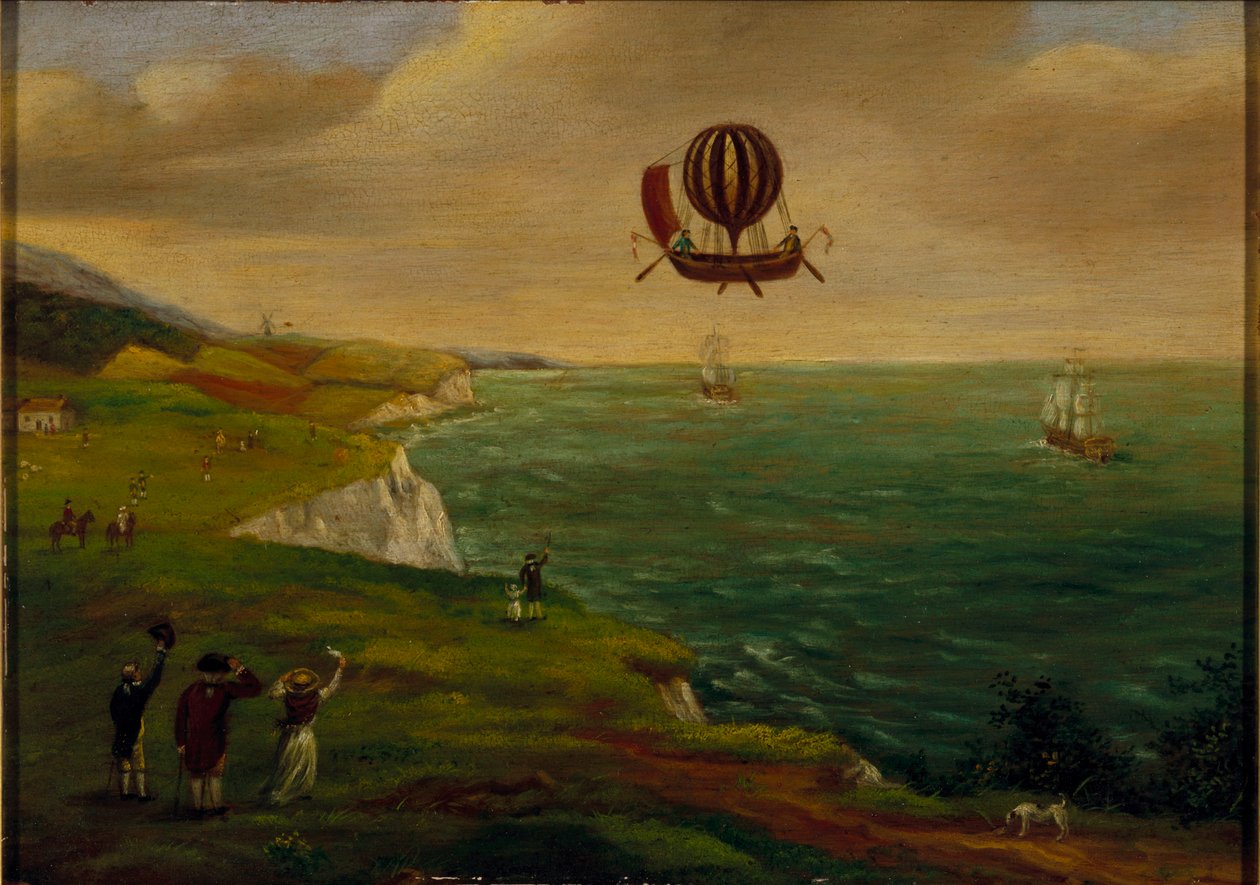 A Primeira Passagem de Balão do Canal da Mancha, 7 de janeiro de 1785, c.1785 de French School