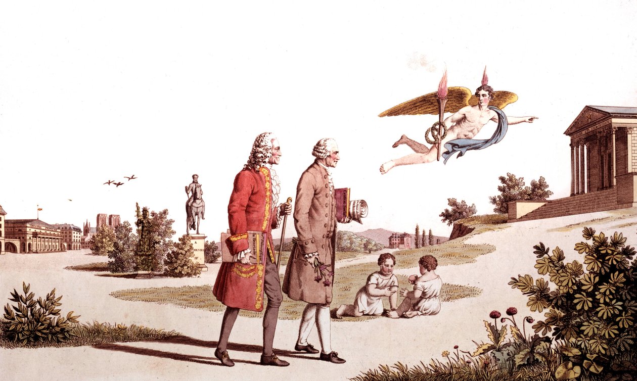 O Espírito de Voltaire e Jean Jacques Rousseau os leva ao Templo da Imortalidade, ilustração de Uma Alegoria das Obras dos Filósofos Franceses de French School