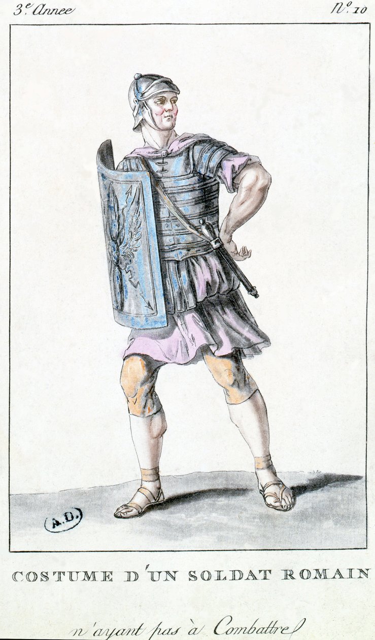 Traje de teatro para um soldado romano (gravura a cores) de French School