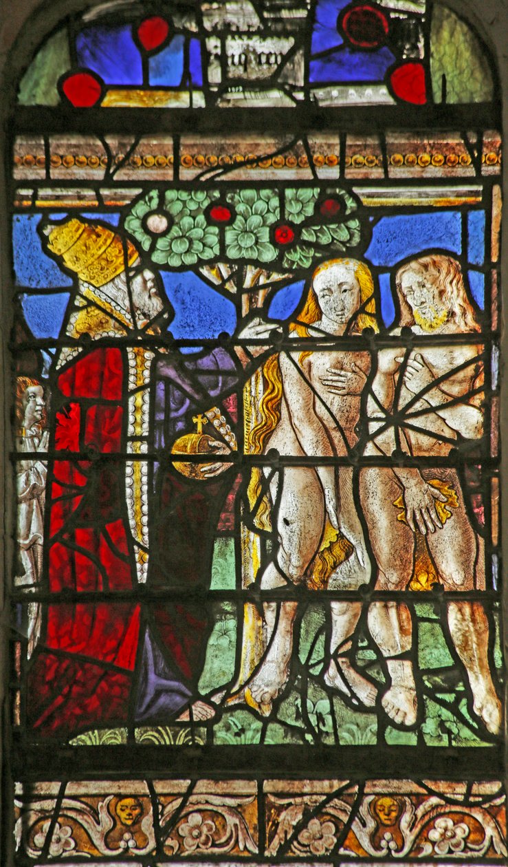 Janela retratando Adão e Eva admoestados por comerem frutas da Árvore do Conhecimento de French School