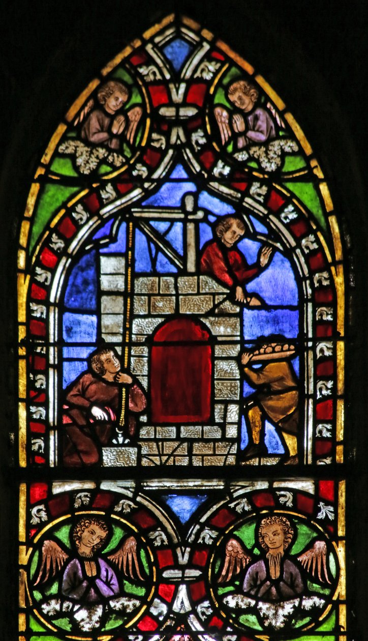 Janela retratando a construção da torre de Babel de French School
