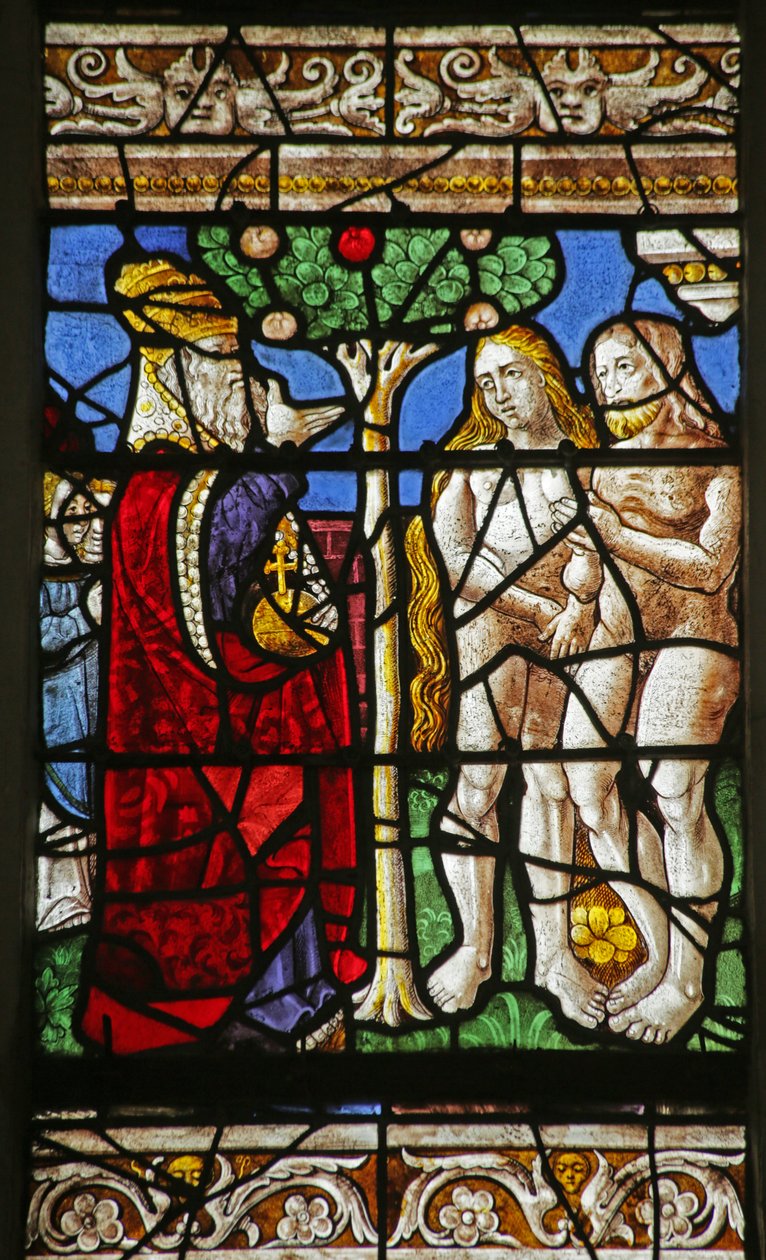 Janela retratando Deus proibindo Adão e Eva de comerem o fruto da Árvore do Conhecimento de French School