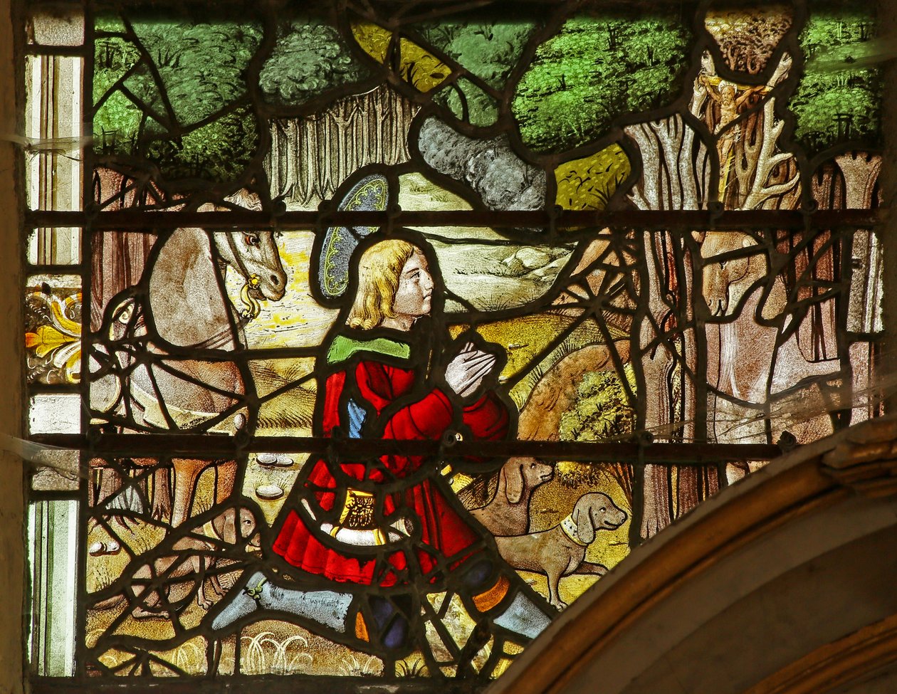 Janela retratando Saint Eustache tendo uma visão de Cristo entre os chifres do cervo de French School