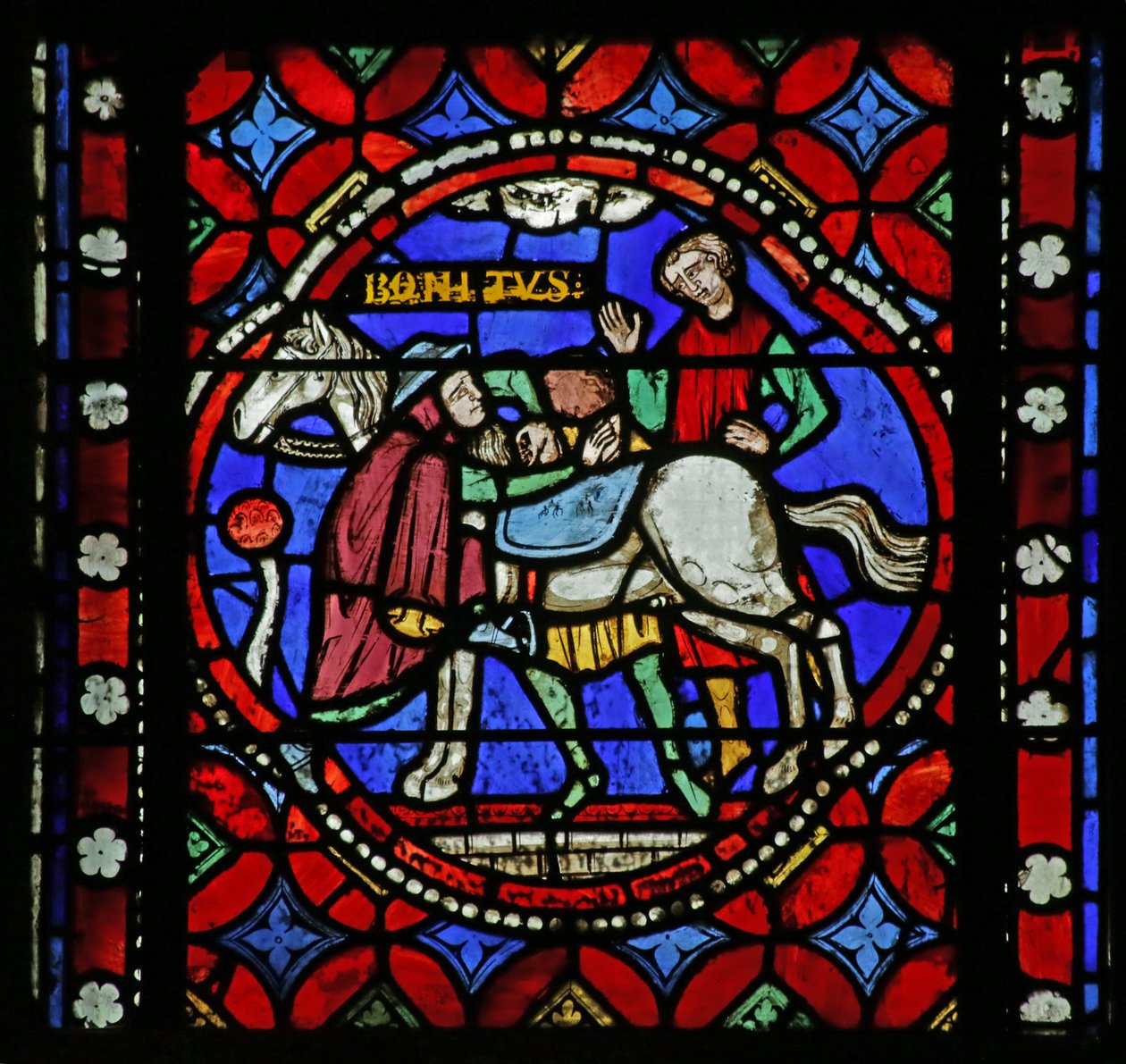 Janela retratando a cena da vida de Saint Bonnet: Saint coletando e montando seu cavalo para uma peregrinação a Roma de French School