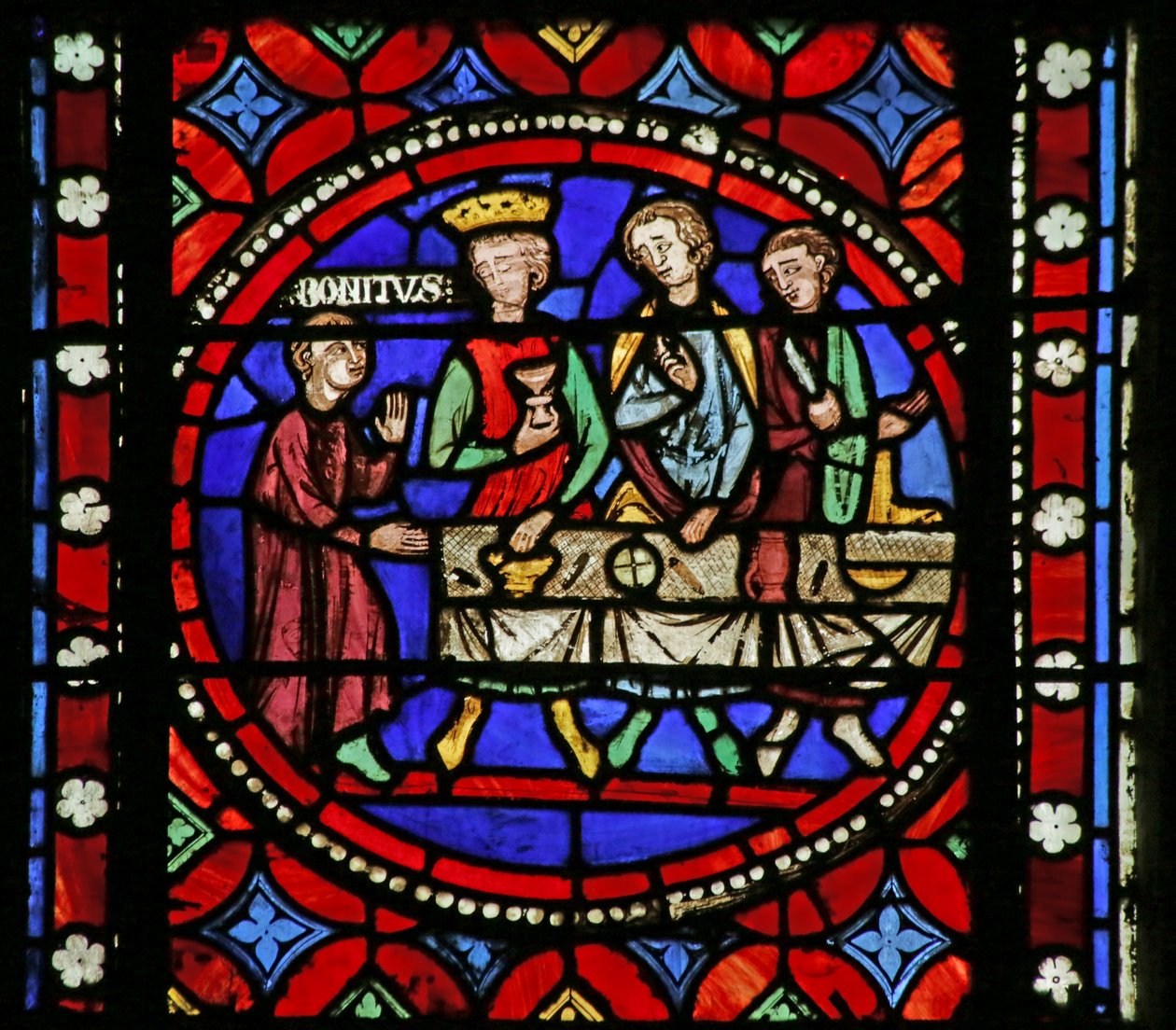 Janela retratando a cena da vida de Saint Bonnet: Saint Bonnet indo trabalhar para o rei Sigebert II de AuSaintrasie de French School
