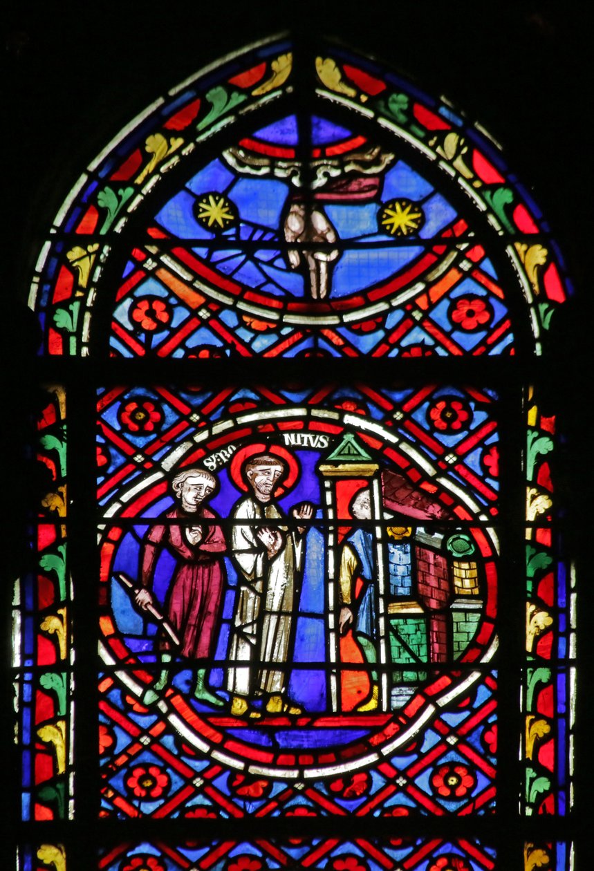 Janela retratando a cena da vida de Saint Bonnet: Sainy deixando seus bens na porta e recebendo o hábito de monges do abade de French School