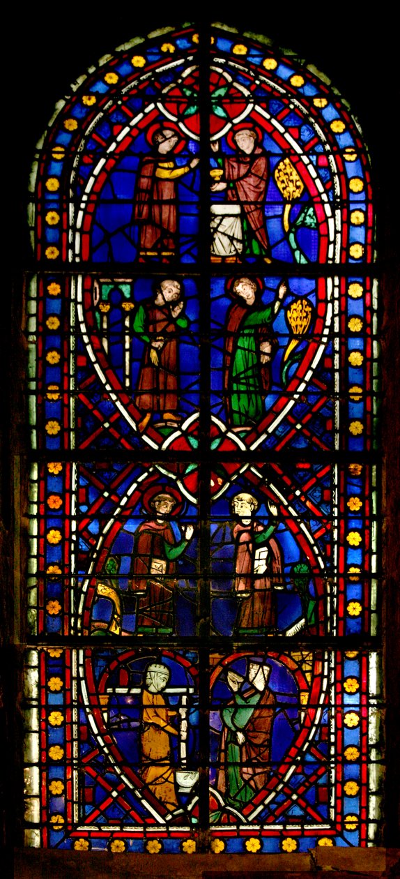 Janela retratando cena da vida de Saint Germain: o Santo e sua prima Saintratide saindo da escola de French School