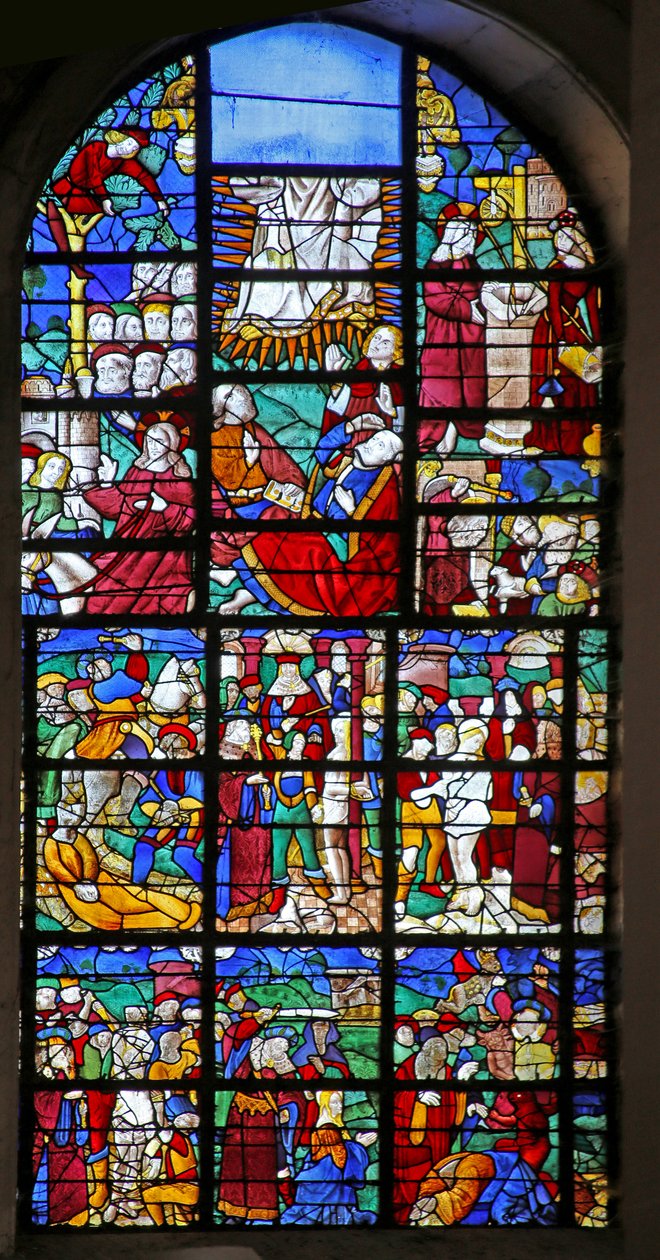 Janela retratando cenas da vida de Santa Bárbara, da paixão e da transfiguração de French School